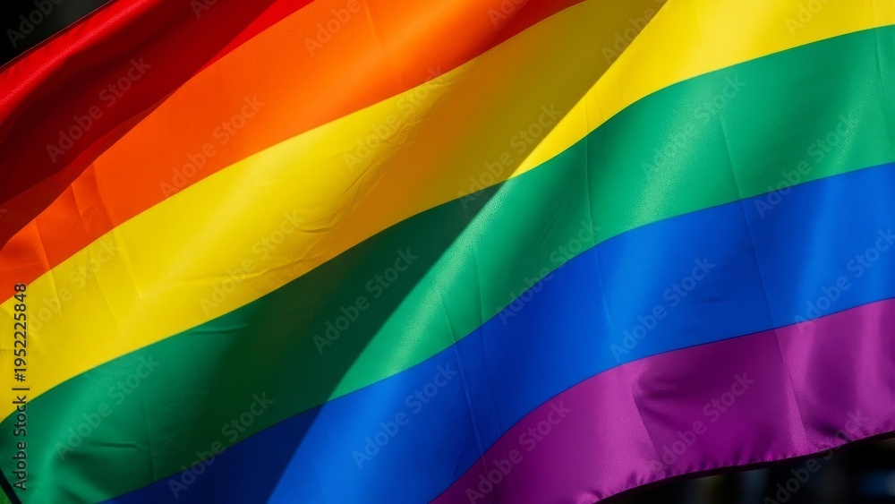 Obraz premium Rainbow flag waving in breeze against dark background. Pride symbol of LGBTQ+ community. Abstract.