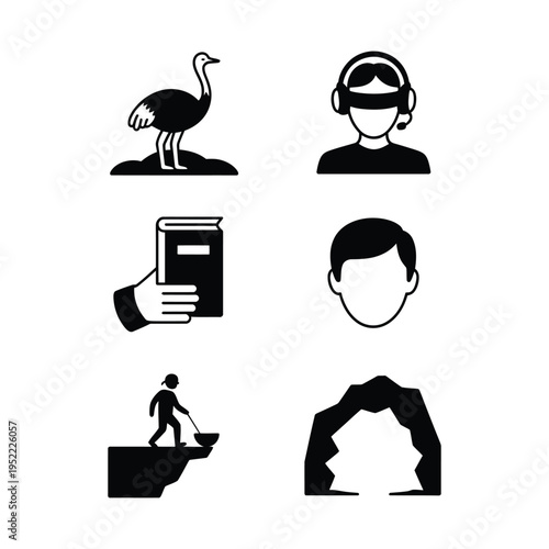 A set of black silhouette icons on a white background