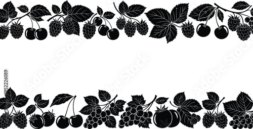 Fresh organic berries and fruits horizontal border set with cherries grapes and raspberries isolated cad drawing flat vector illustration for design