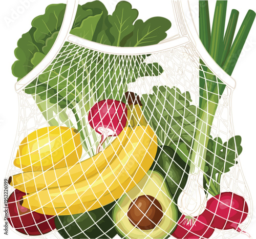 Reusable Mesh Grocery Bag with Fresh Vegetables and Fruits Including Bananas, Avocado, Radish, Greens, and Lemon Eco Friendly Shopping Illustration