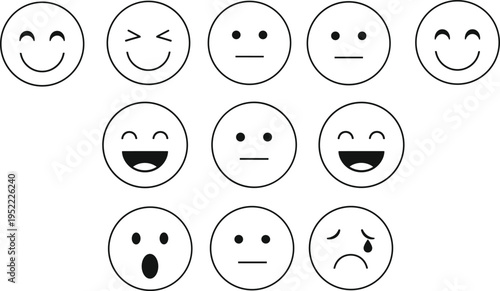 Emoji Face Icon Set with Happy Sad Neutral and Surprise Expressions Outline Vector Illustration for User Interface Chat Apps and Emotional Feedback Design