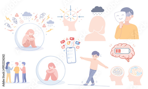 Mental Health and Psychology Concept Set with Anxiety, Depression, Stress and Social Media Overload Flat Illustrations