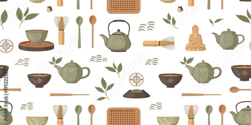 Seamless Matcha Tea Pattern with Teapot, Whisk, Bowl, Tea Leaves, Buddha Statue, and Traditional Japanese Tea Ceremony Elements Background Design