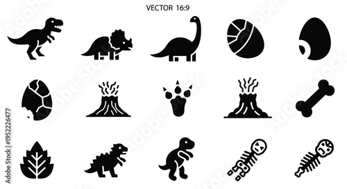 Ancient dinosaur icons including broken eggs and prehistoric nature symbols