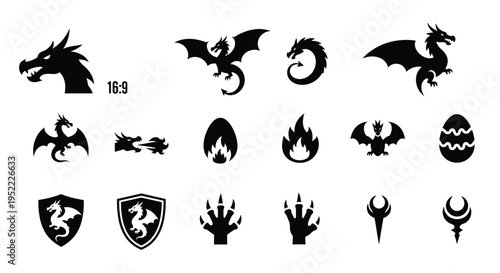 Dragon silhouettes and heraldic symbols including shields and fire icons