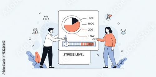 Stress Level Monitoring Concept Illustration with People Adjusting Mental Health Meter, Emotional Balance Indicator, Anxiety Measurement, Wellness Analytics, and Psychological Health Awareness Vector