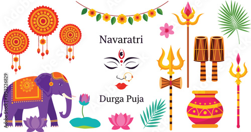 Navaratri and Durga Puja Festival Elements Set with Goddess Durga Face Trident Dhol Elephant and Floral Decorations Vector Illustration for Indian Cultural Design