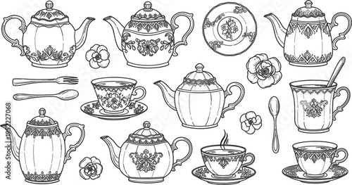 Vintage Teapot and Teacup Line Art Set with Floral Pattern Tea Service Collection Including Spoons, Plates, and Decorative Porcelain Teaware Illustration