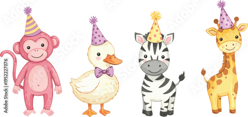 Cute cartoon monkey, duck, zebra and giraffe wearing party hats, funny animal birthday celebration design for kids, cad drawing flat vector illustration