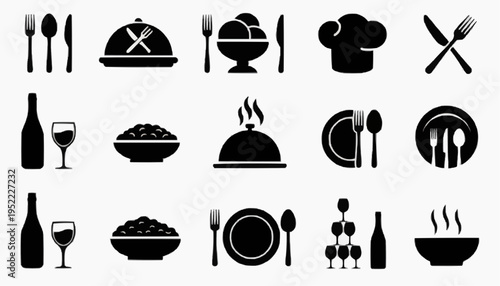 food and restaurant icons Food Icons Set with Plate Fork Knife Spoon Cutlery Tableware Restaurant Catering Menu Symbols Vector