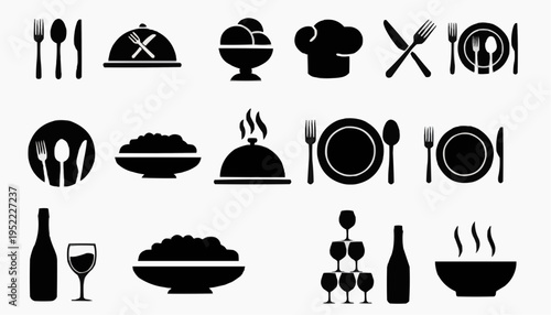 restaurant icons set Food Icons Set with Plate Fork Knife Spoon Cutlery Tableware Restaurant Catering Menu Symbols Vector