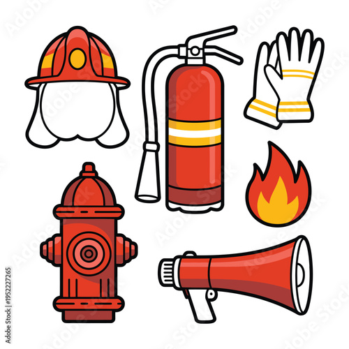 Firefighter equipment icon set including helmet and fire extinguisher