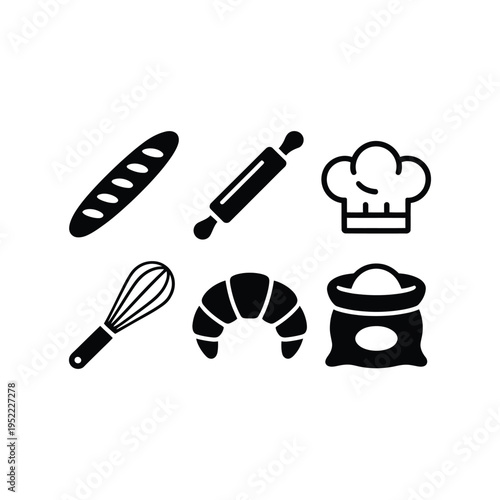 Baking icon set including bread, rolling pin, and chef hat