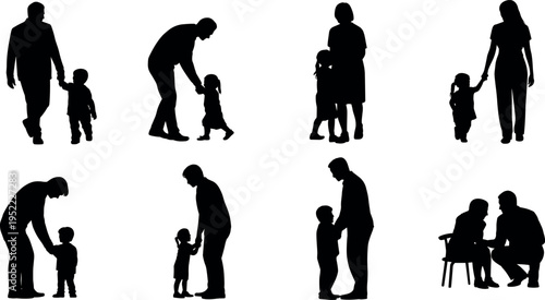 Collection of parent and child silhouettes in caring interaction poses including walking, holding hands and supporting isolated on light background, family relationship black vector illustration