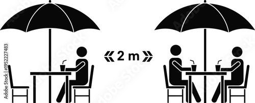 Black silhouette vector illustration of people sitting at outdoor cafe tables under umbrellas maintaining two meters social distance for health safety and pandemic prevention.