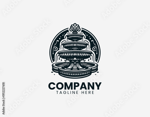 Classic decorative garden water fountain in elegant vintage black vector illustration style