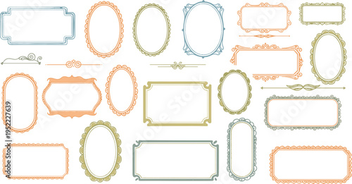 Vintage decorative frames, ornate border design, retro label elements, antique frame vector, elegant ornament shapes, cad drawing flat vector illustration