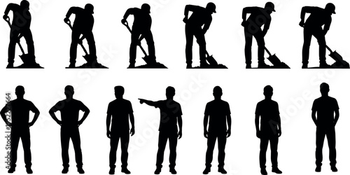 Construction worker digging with shovel silhouette set showing manual labor job activity standing poses industrial profession vector illustration collection isolated on white background