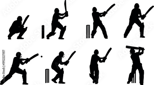 Cricket player silhouette collection showing batsman batting stances, defensive and attacking shots, sports action poses isolated on white background, vector style illustration for design use