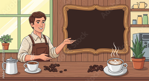Smiling male barista presenting a blank chalkboard menu in a cafe