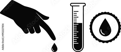 Blood test icons set with hand finger drop and glass test tube in laboratory for medical diagnosis healthcare research hospital clinic and science analysis.