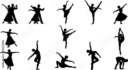 Dance and ballet silhouettes set featuring graceful performers in various poses classical choreography movement vector illustration collection isolated on white background for artistic design