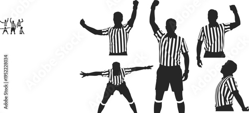 Dynamic American football referee silhouette poses showing signals and gestures, professional sports officiating vector illustration suitable for stock images