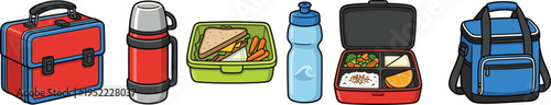 Lunchbox and food container set, school meal icons, thermos bottle backpack, healthy lunch packaging, vector illustration collection design