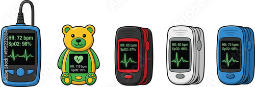 Pulse oximeter device collection, heart rate oxygen monitor icons, medical wearable technology, SpO2 measurement tools, healthcare vector illustration set