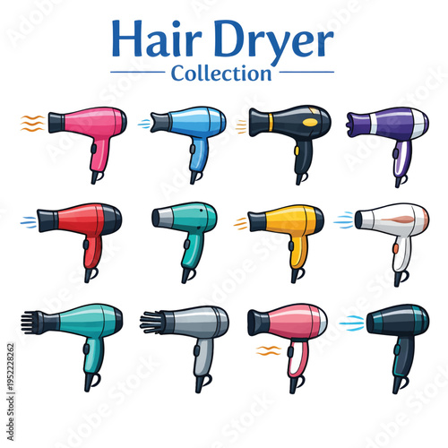 Hair Dryer Icon Set, Blow Dryer Illustration, Salon and Beauty Equipment Vector Collection