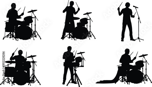 Drummer silhouettes set playing drum kit in various poses isolated on white background, music performance and band illustration for design use