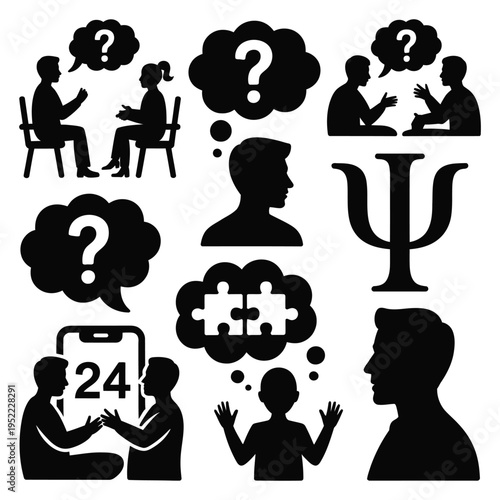 Psychology silhouette icons with thought bubbles and puzzle pieces