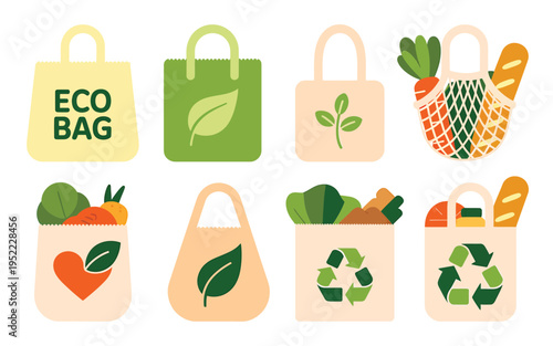 Colorful eco bags filled with fresh produce and groceries in a flat design