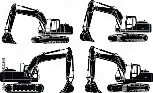 Heavy hydraulic excavator machine vector silhouettes set with various views and angles for construction industry design, engineering projects, and earthmoving equipment illustrations.