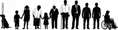 Family generation silhouettes collection children parents grandparents dog wheelchair diverse people standing together isolated on white background vector illustration set