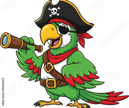 Cute pirate parrot cartoon character holding telescope with hat, eyepatch and colorful feathers perfect for kids illustrations, adventure themes and mascot design