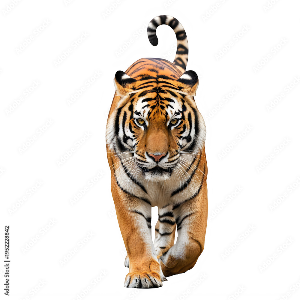 Obraz premium Tiger walking forward with tail curled up and eyes looking ahead directly transparent background