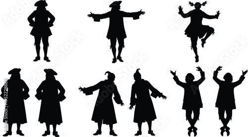 Historical costume silhouettes set in various poses isolated on white background, vintage characters illustration for theater, performance, and classic design use