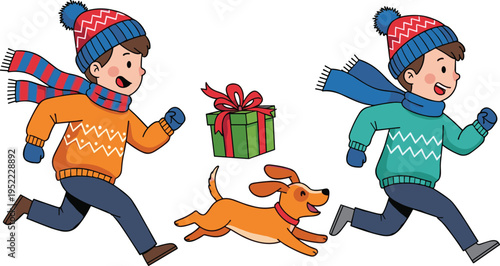 Happy boys running with playful dog and Christmas gift, winter holiday illustration for celebration, festive season activities, joyful children themes