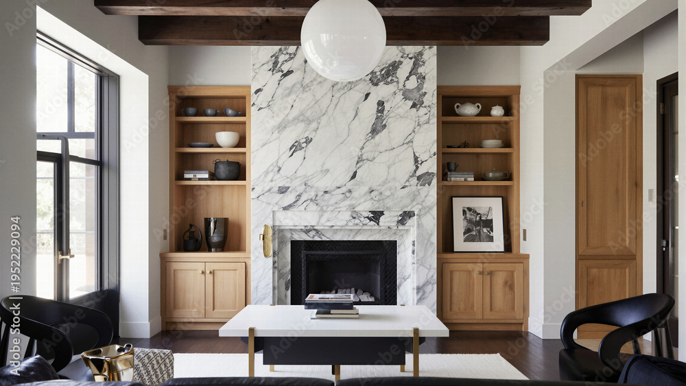 Fototapeta premium Elegant modern living room interior showcasing a beautiful white marble fireplace, dark sofas, and contemporary architectural design for luxury home concepts.
