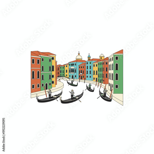 Colorful Venetian Canal with Gondolas and Gondoliers.