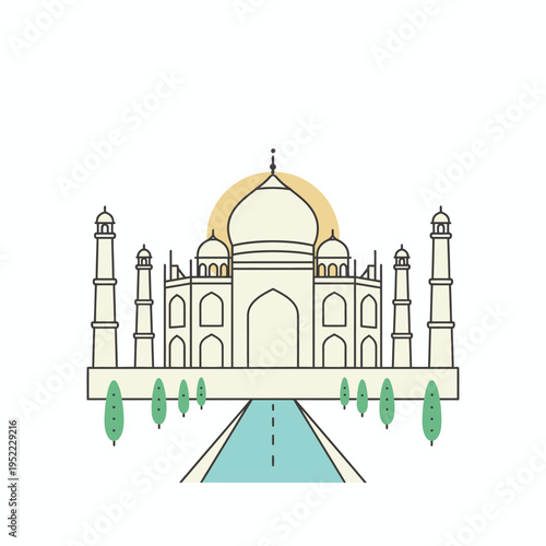 Iconic Taj Mahal Mausoleum Architectural Landmark Illustration.