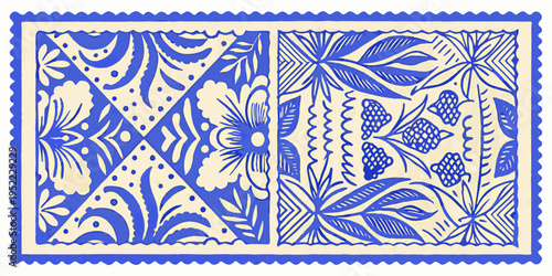 Intricate blue and white wycinanki folk art design with floral motifs
