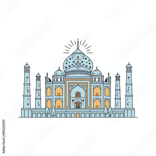 Iconic Taj Mahal Monument Architectural Landmark Illustration.