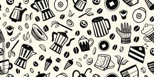 Black and white coffee themed pattern with various related objects
