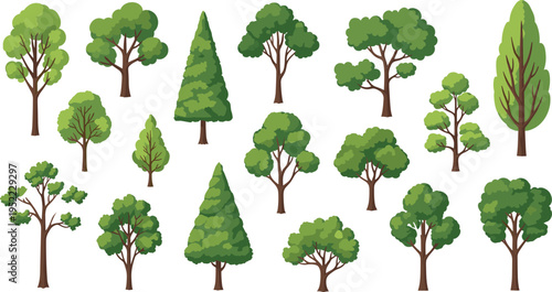 Comprehensive Vector Collection of Individual Deciduous and Coniferous Green Trees with Various Canopy Shapes for Nature Forest and Environmental Landscape Graphic Design