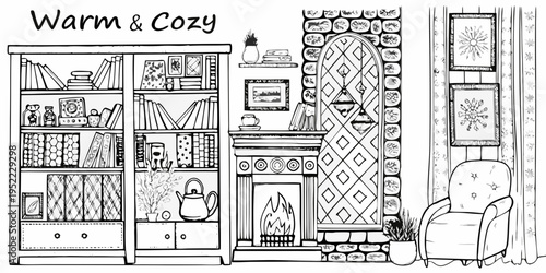 Detailed line drawing of a cozy room featuring a fireplace and bookshelf