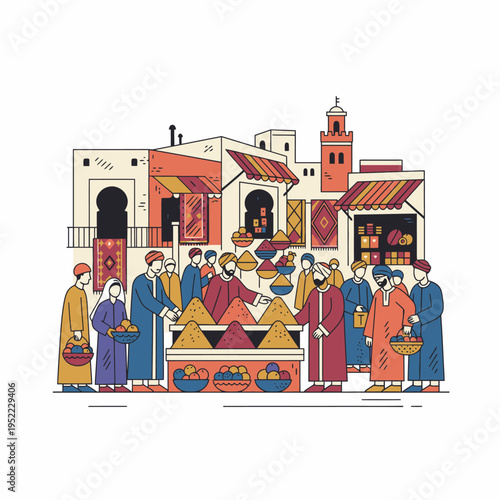 People gathered at a vibrant marketplace stall.