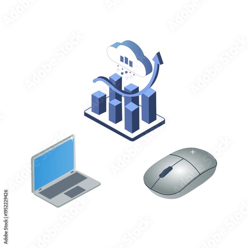 Digital Technology and Business Growth Isometric Icon Set with Laptop and Chart