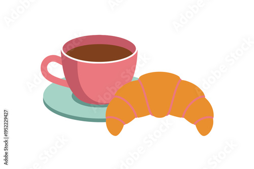 A vibrant illustration depicts a pink teacup and a golden croissant